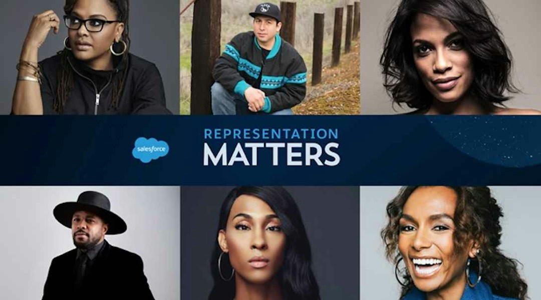 Promotional image for Salesforce’s Representation Matters virtual event with photos of key speakers in a grid.