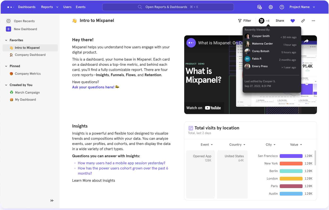 A walkthrough of the Mixpanel onboarding dashboard featuring data charts.