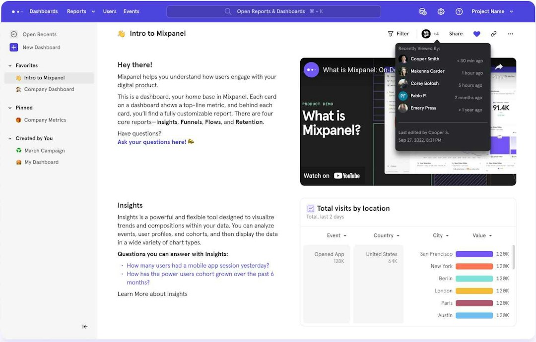 A walkthrough of the Mixpanel onboarding dashboard featuring data charts.