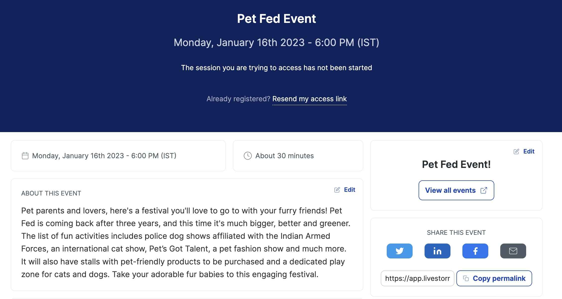 Event landing page created on Livestorm with social sharing handles