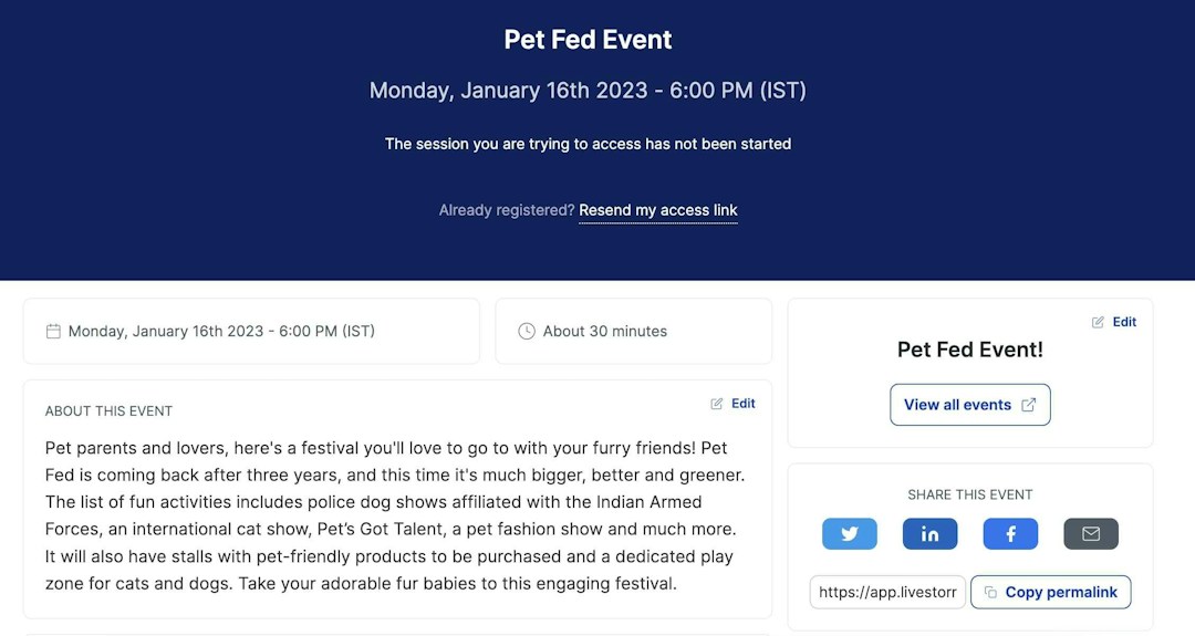 Event landing page created on Livestorm with social sharing handles