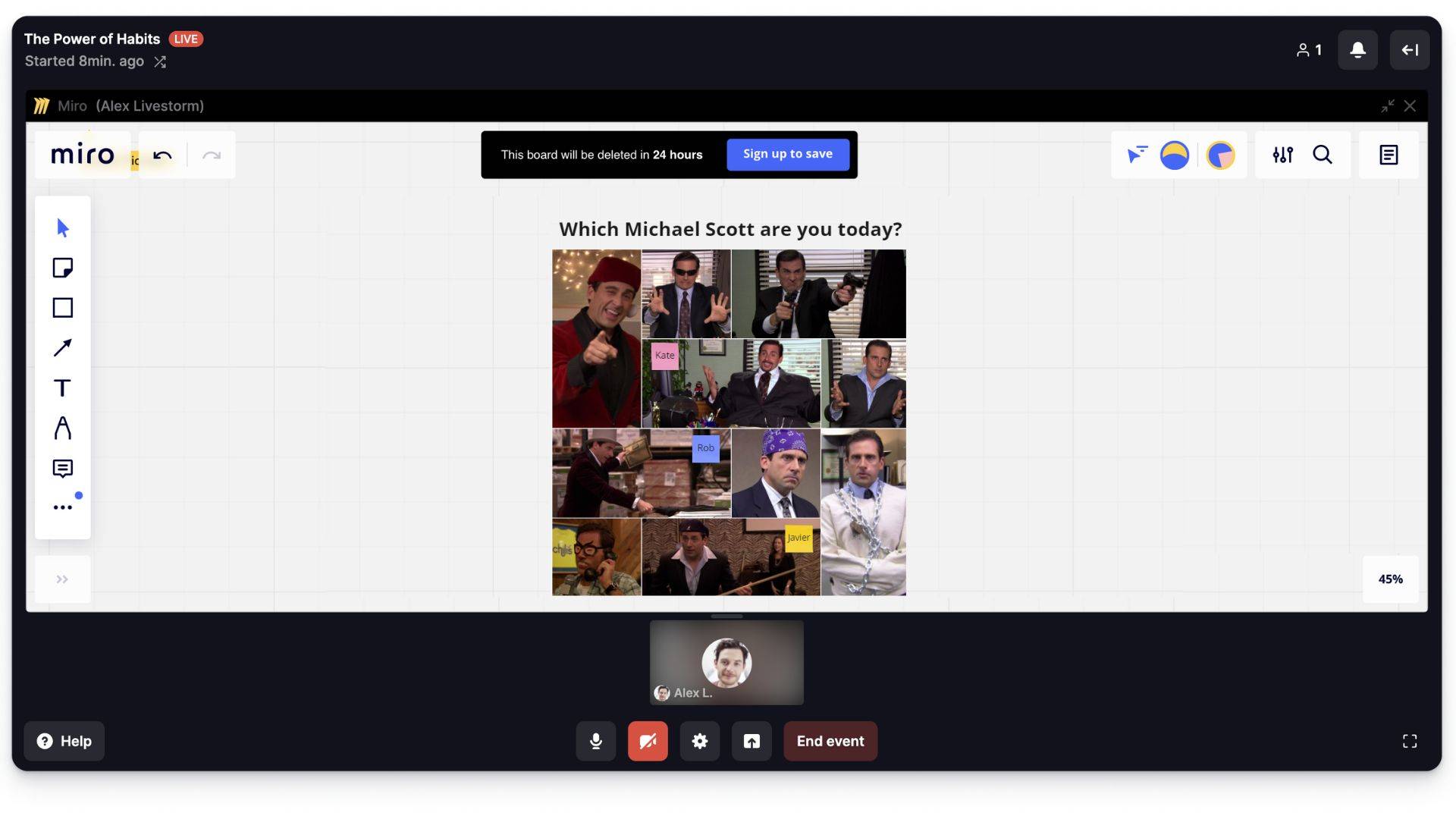 A virtual whiteboard for collaboration showing a Michael Scott meme in a Livestorm webinar
