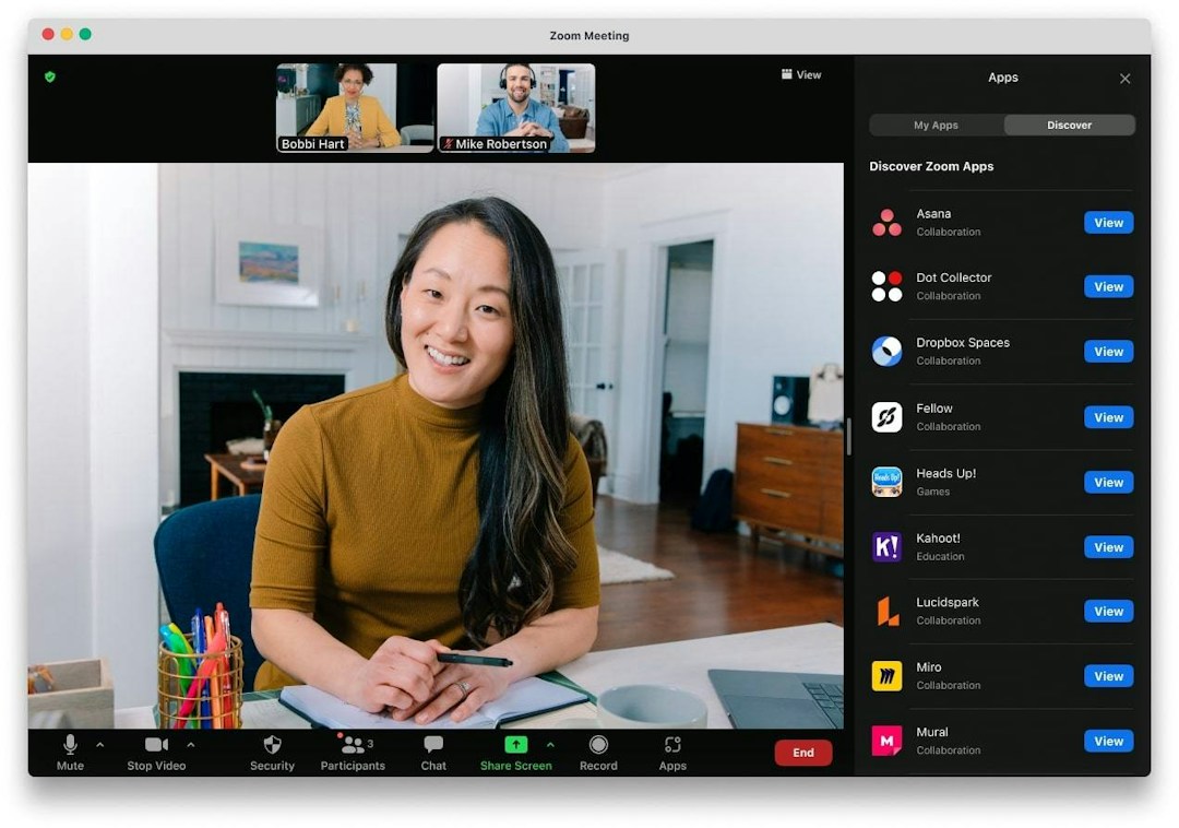 Woman hosting a Zoom call with the Zoom Apps panel opened