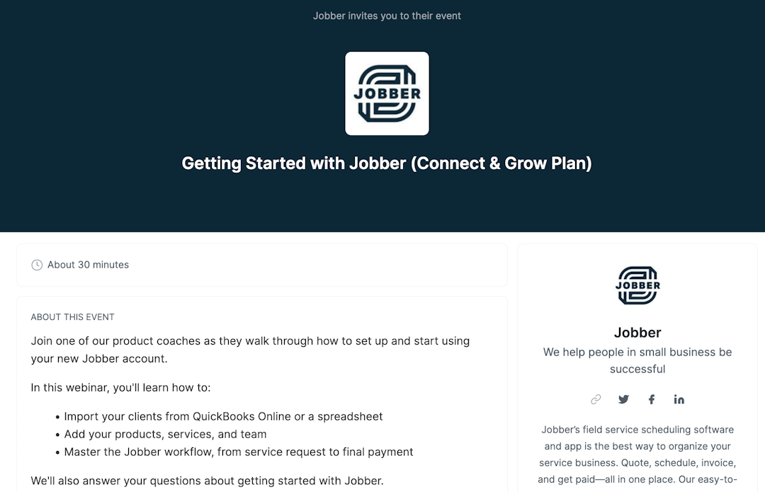 Jobber registration page Livestorm