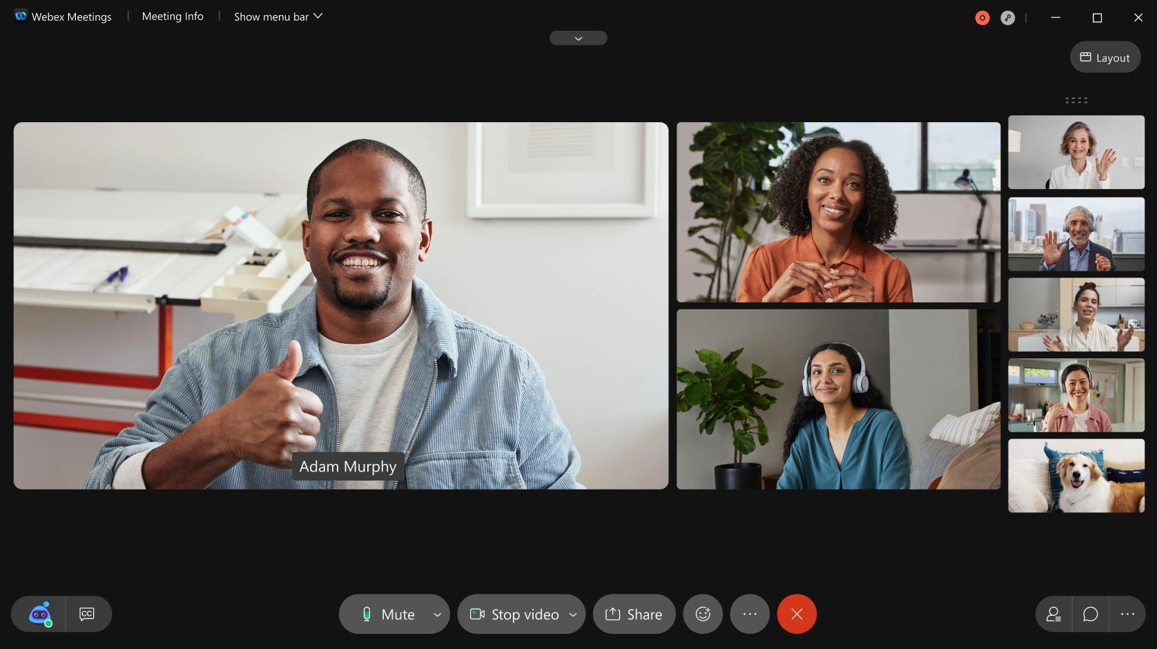 online team meeting video call with seven people and one cute dog