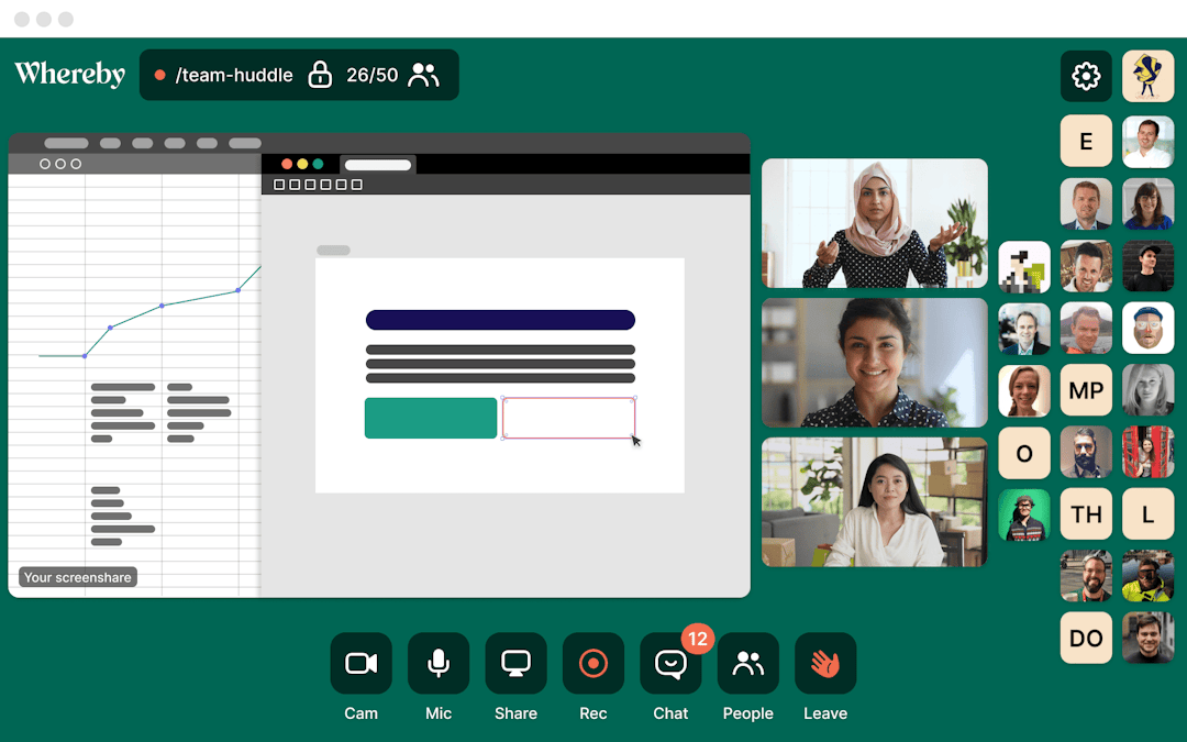 team huddle on whereby with three main speakers and a screen sharing view
