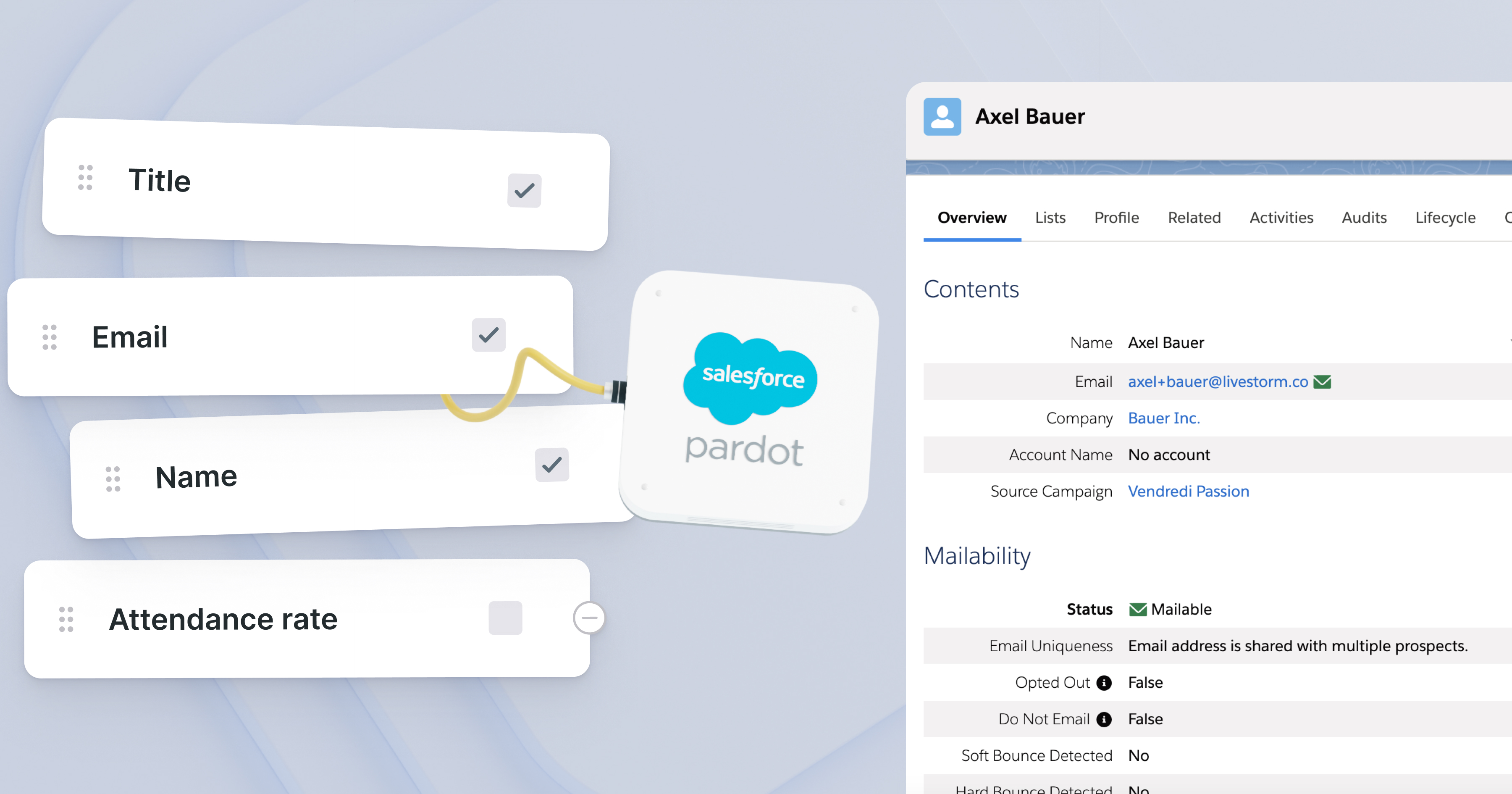 Alt text en español: "Interfaz de Salesforce Pardot con campos y perfil"