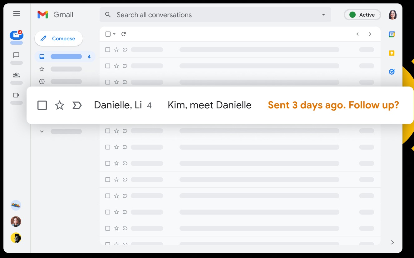 A Gmail follow-up reminder for an email sent three days ago, improving team communication