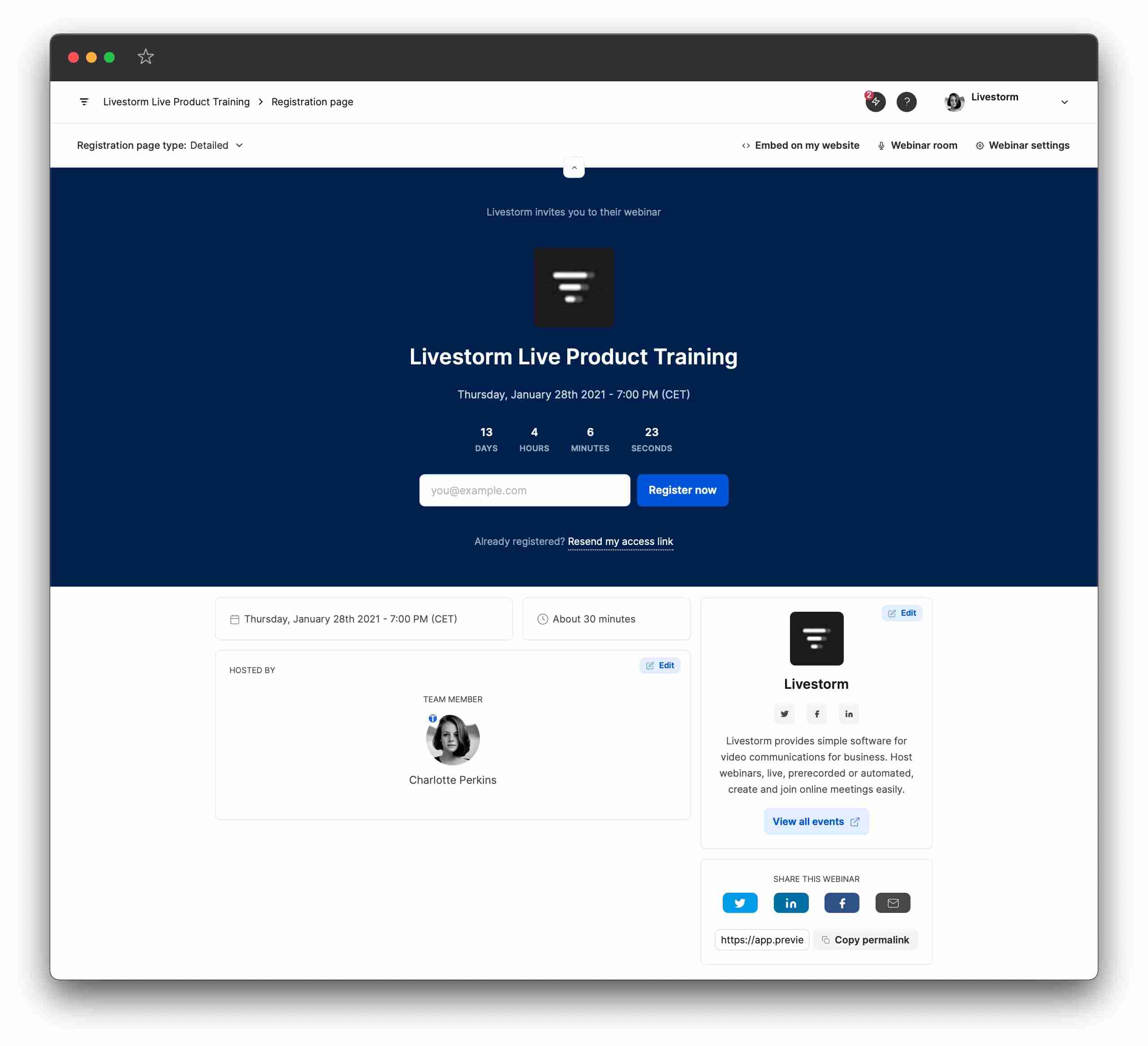 Livestorm’s customized webinar registration page