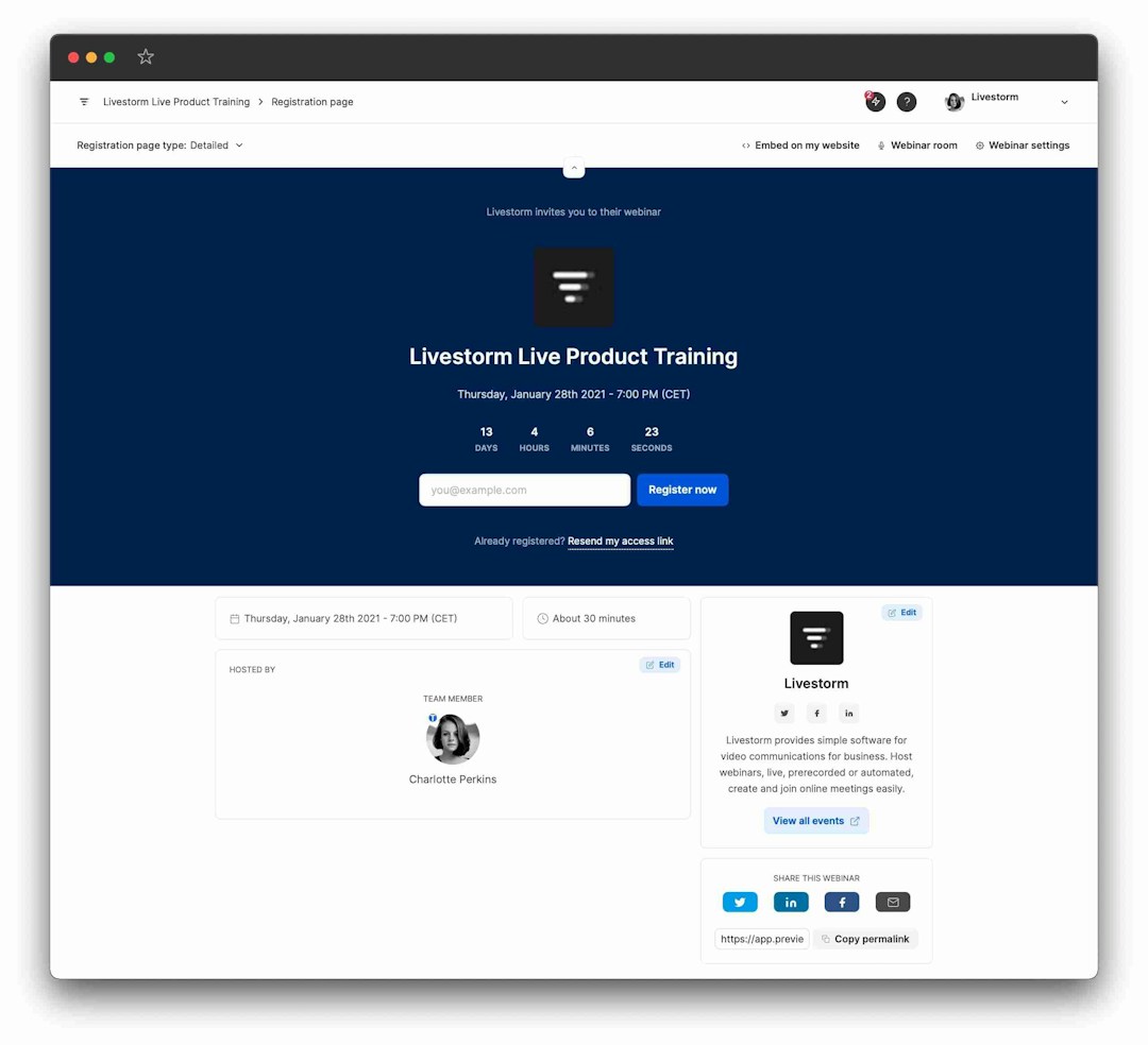 Livestorm’s customized webinar registration page