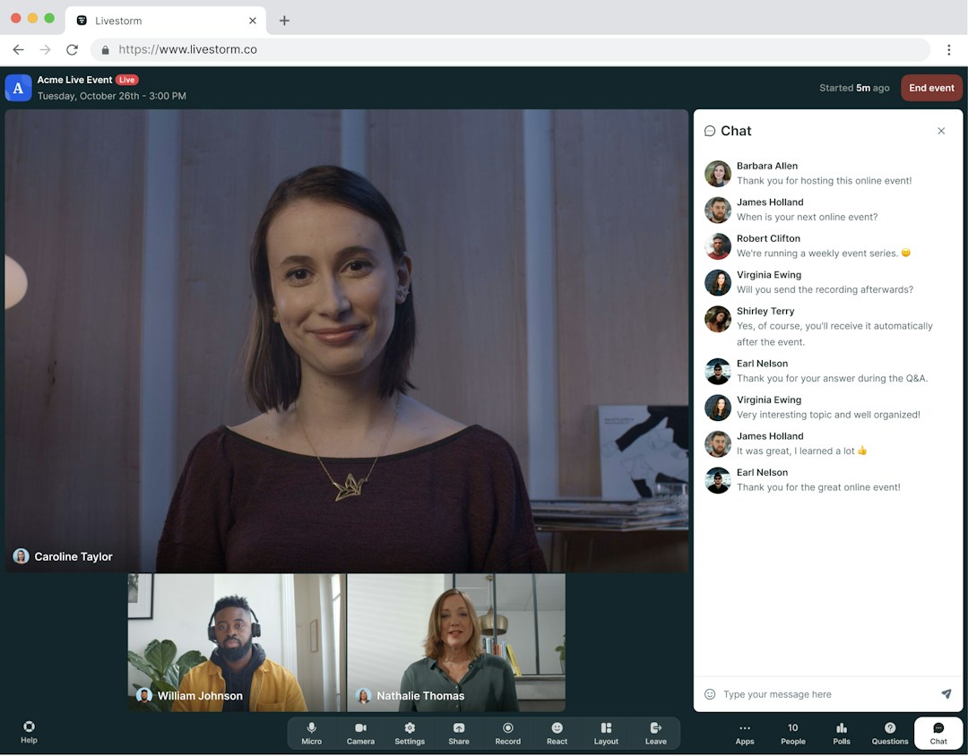 three people on-screen hosting a Livestorm virtual sales event