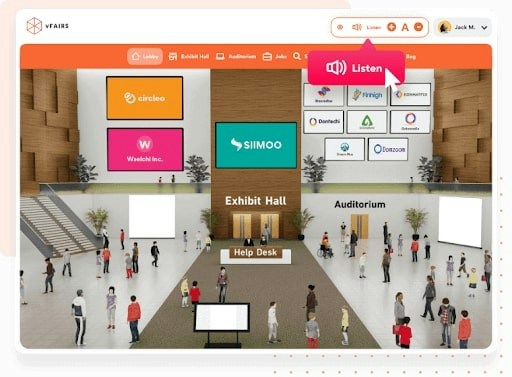 Screenshot des 3D-Ausstellerbereichs von vFairs