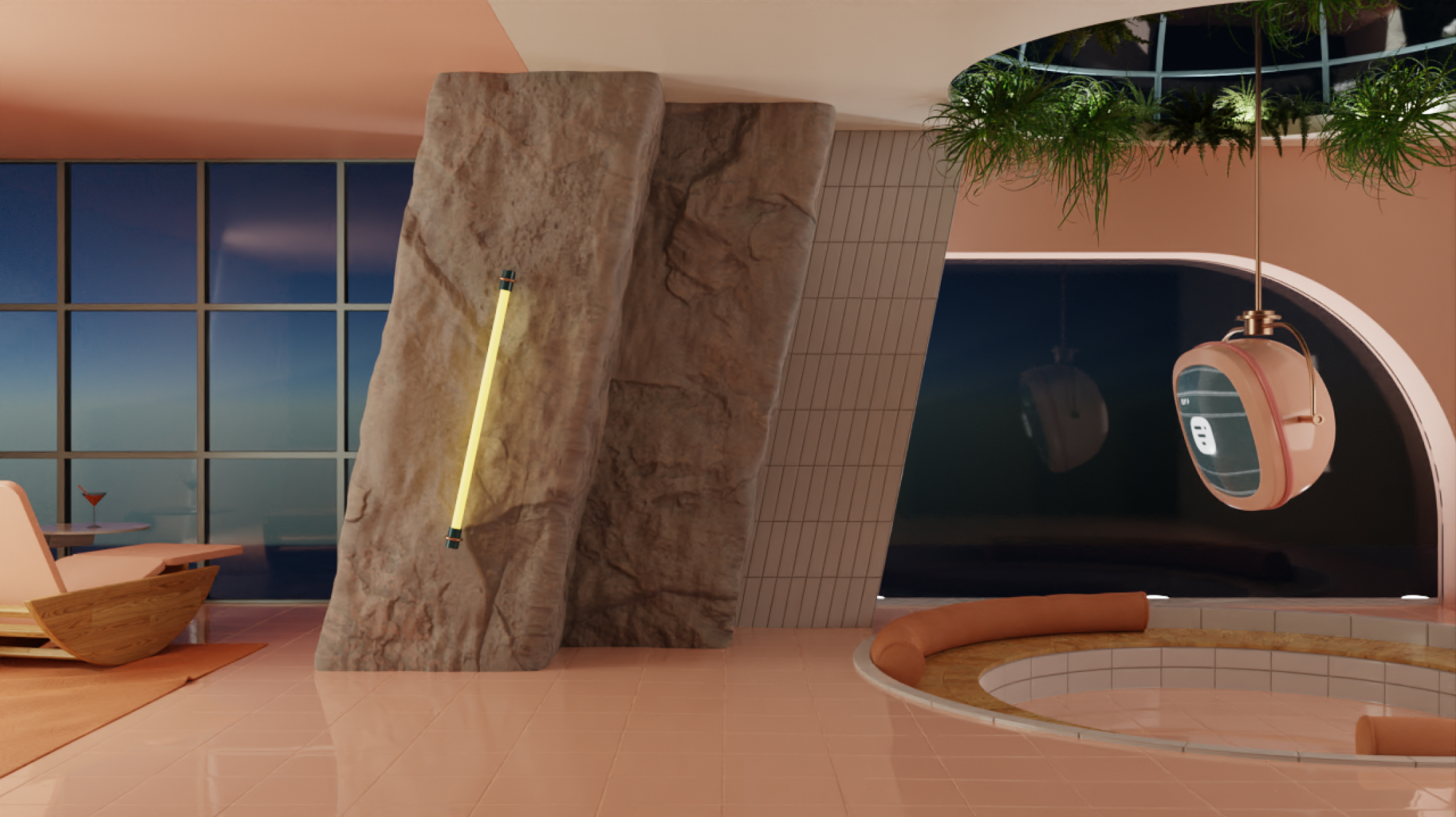 Sea view living room Daylight Background Night