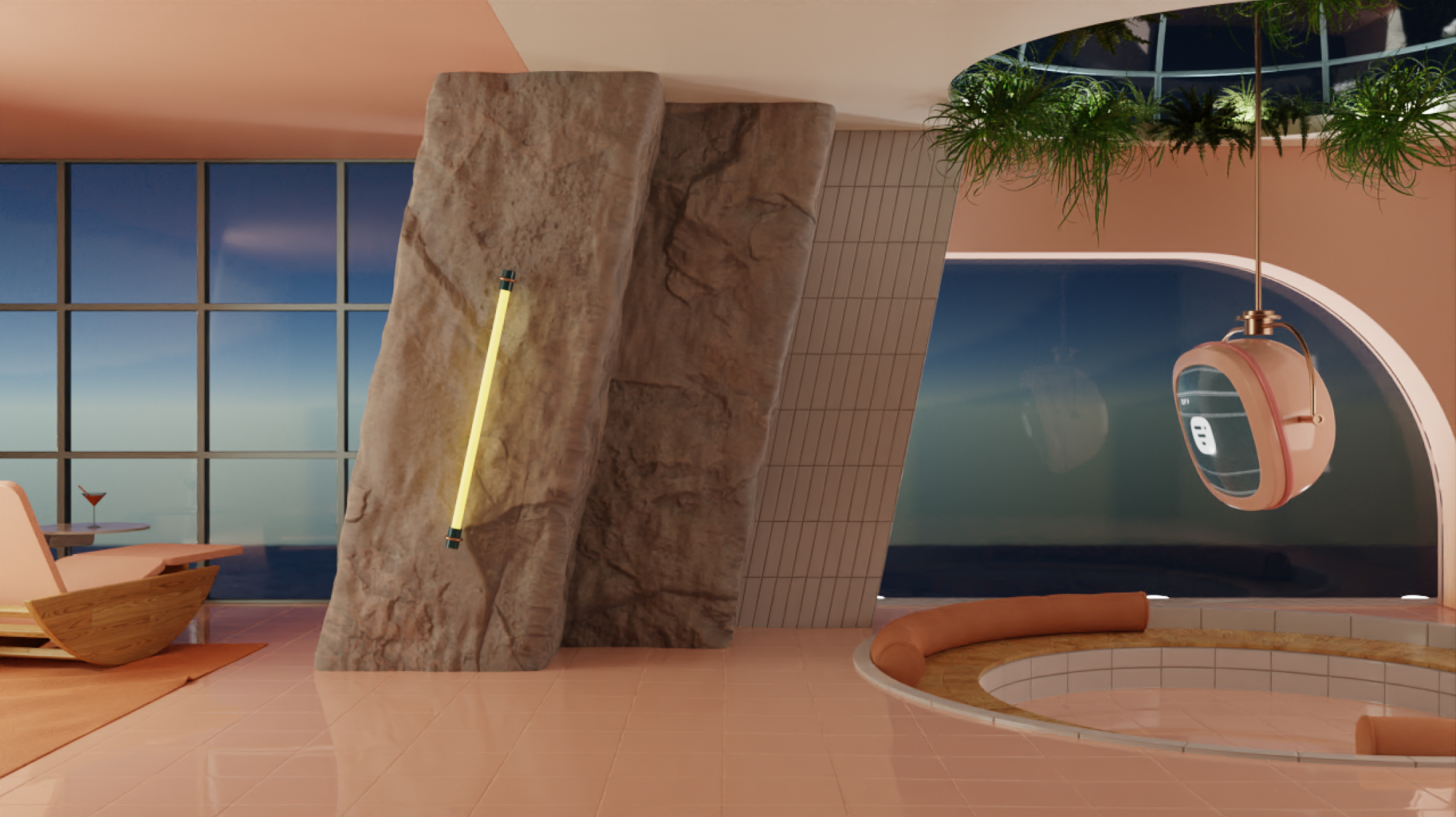 Sea view living room Daylight Background Night