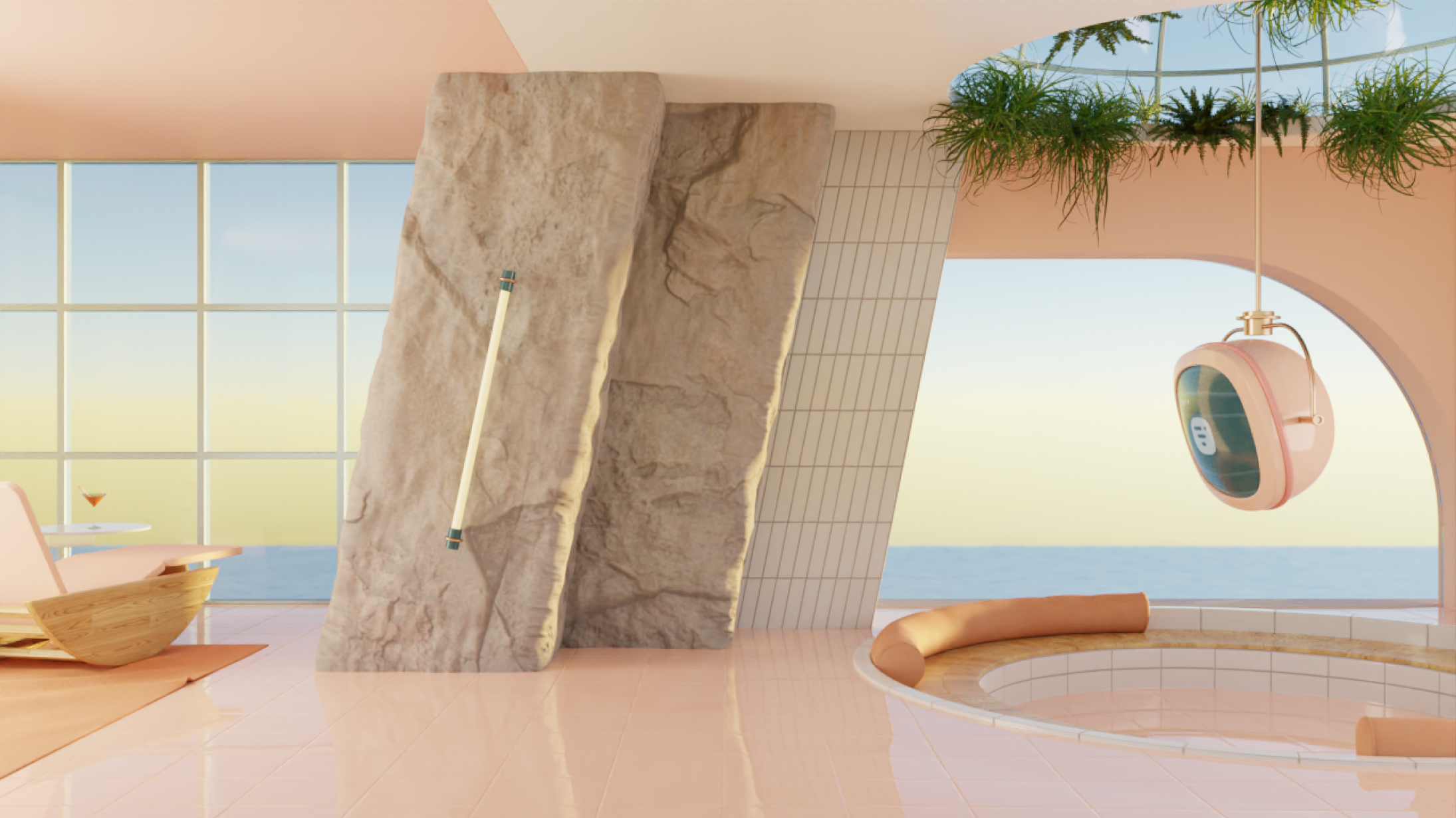 Sunny Sea view living room Daylight Background