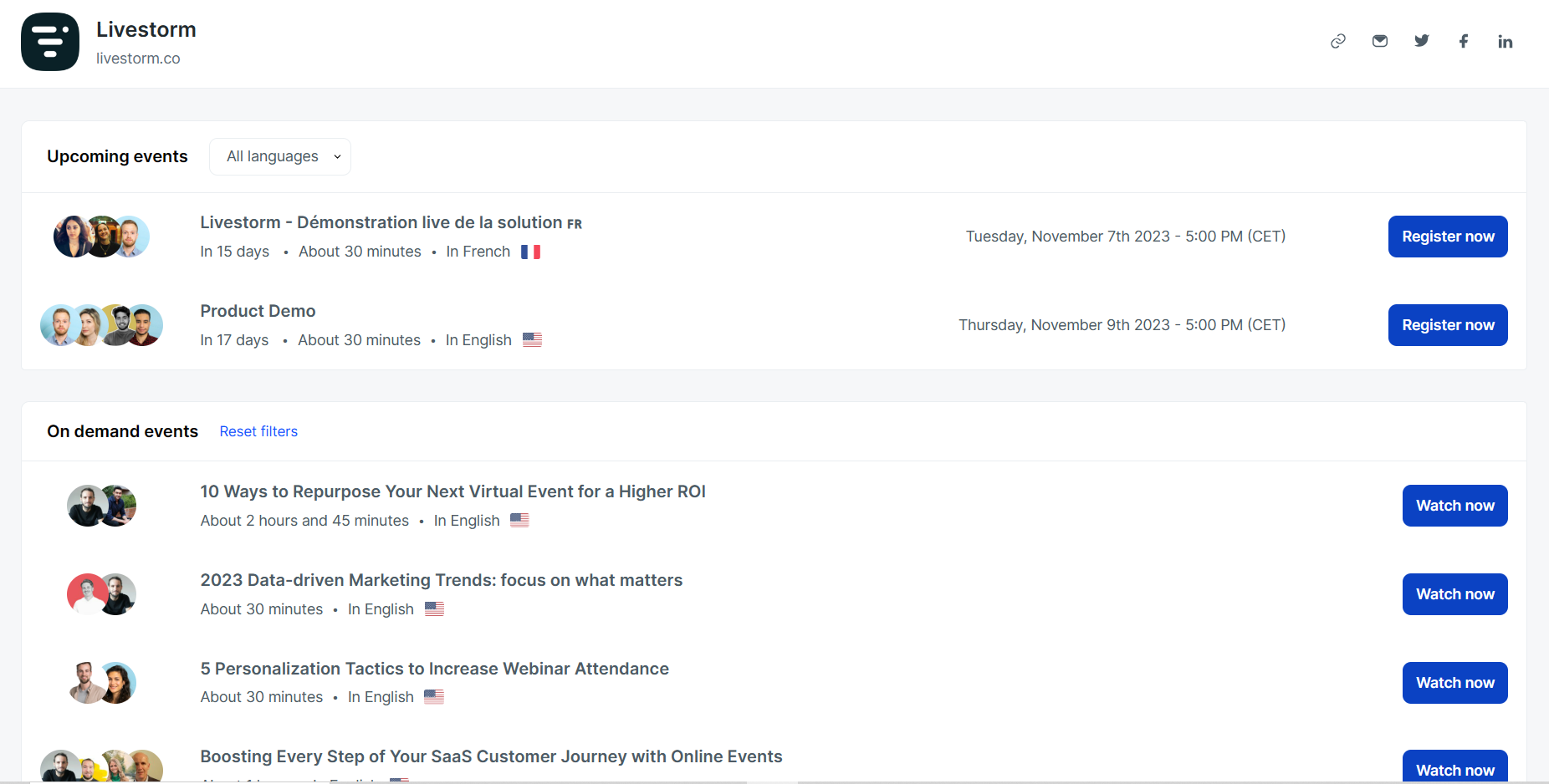 A screenshot of Livestorm's upcoming and past webinars