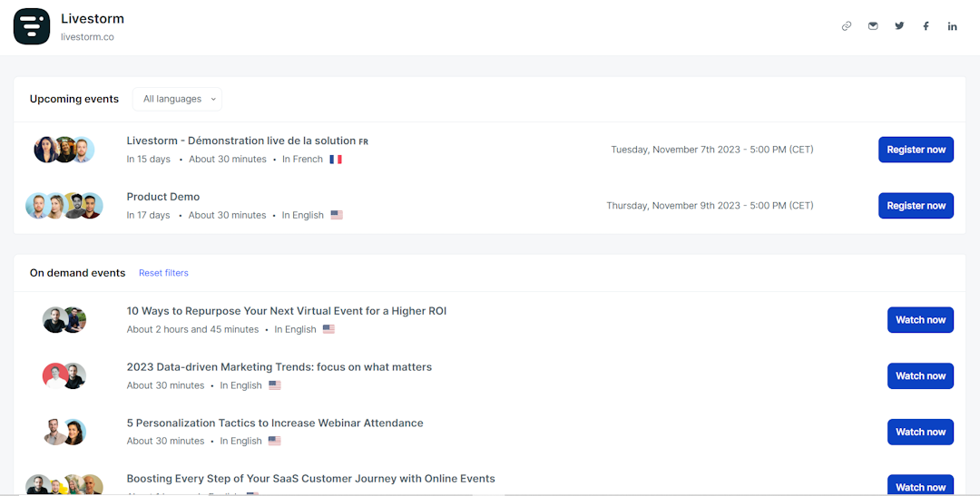 A screenshot of Livestorm's upcoming and past webinars