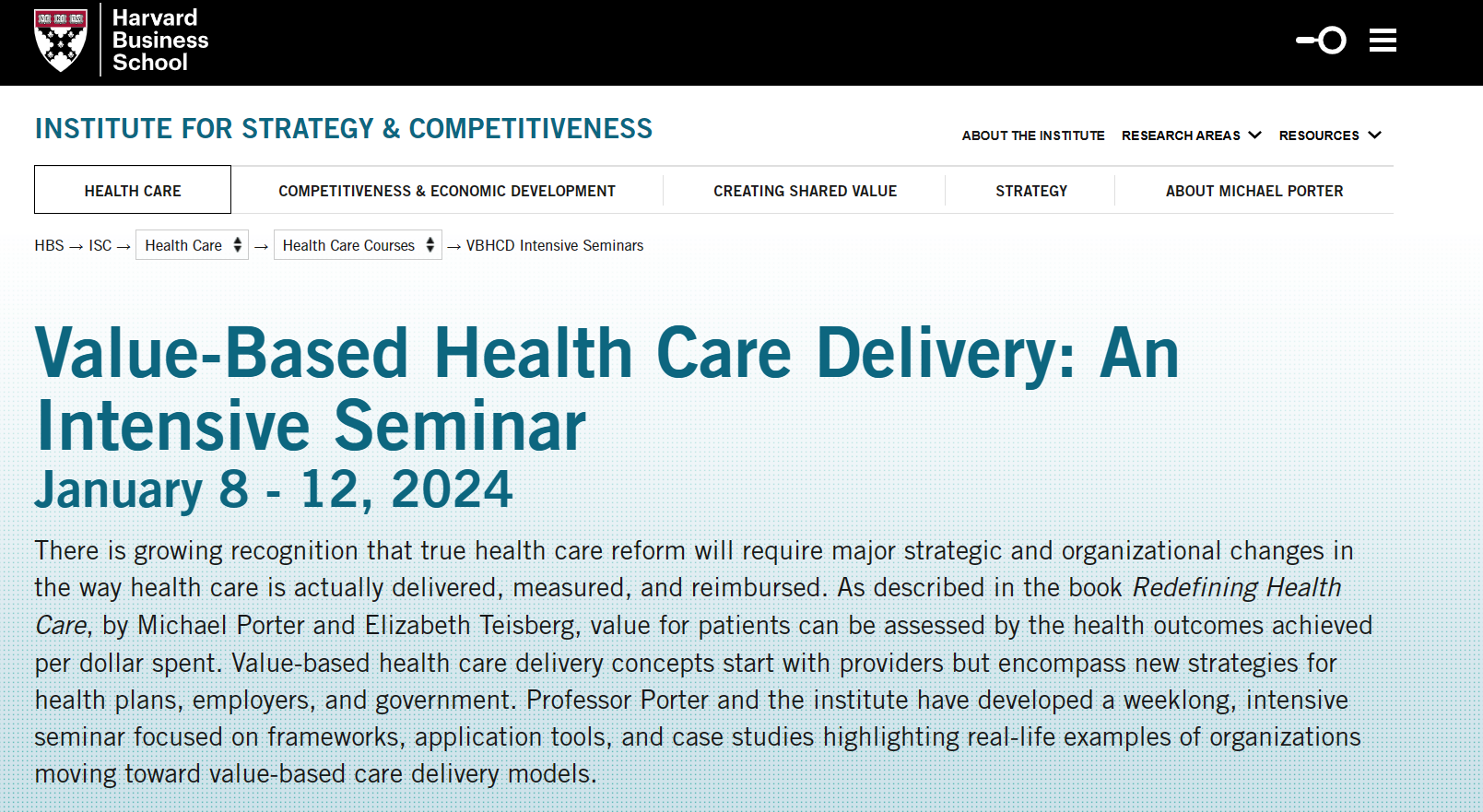 A screenshot of Harvard's 2024 intensive seminar on value-based health care delivery
