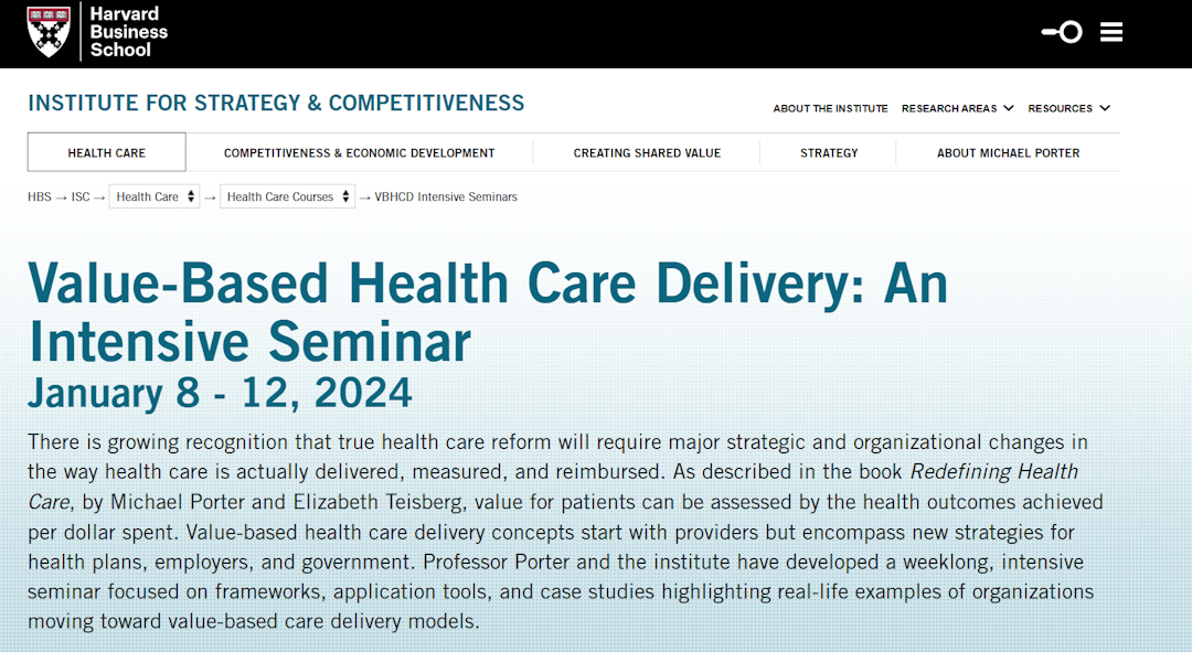 A screenshot of Harvard's 2024 intensive seminar on value-based health care delivery