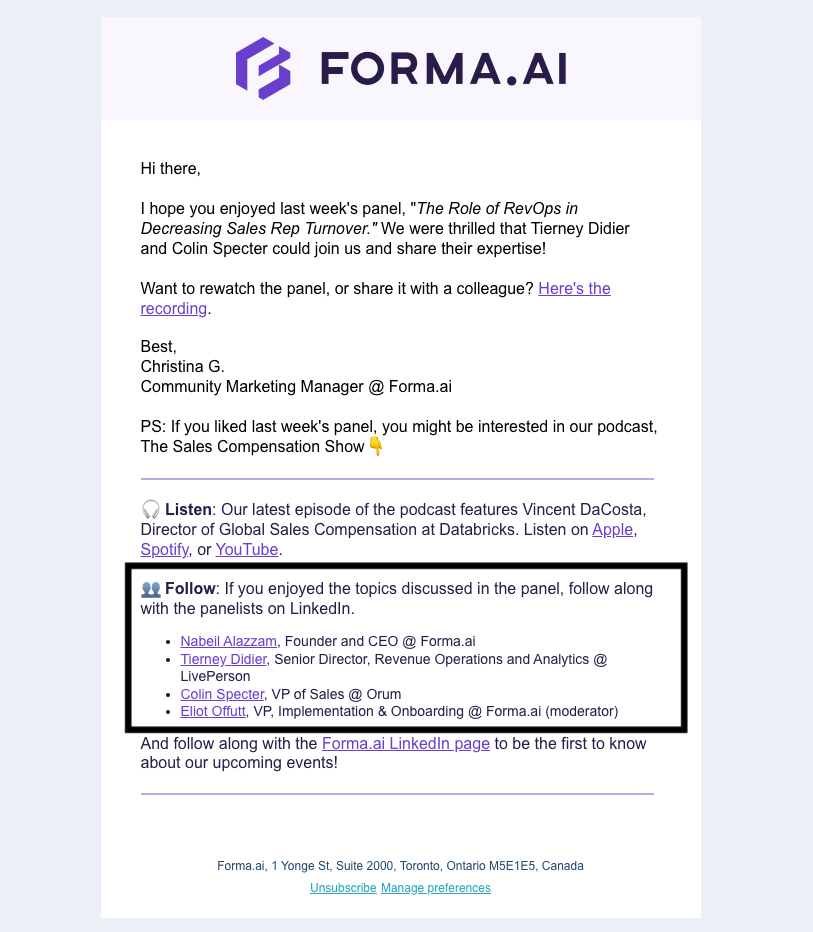 Forma.AI speaker highlight webinar follow-up email