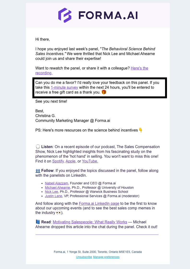 Forma.AI feedback webinar follow-up email