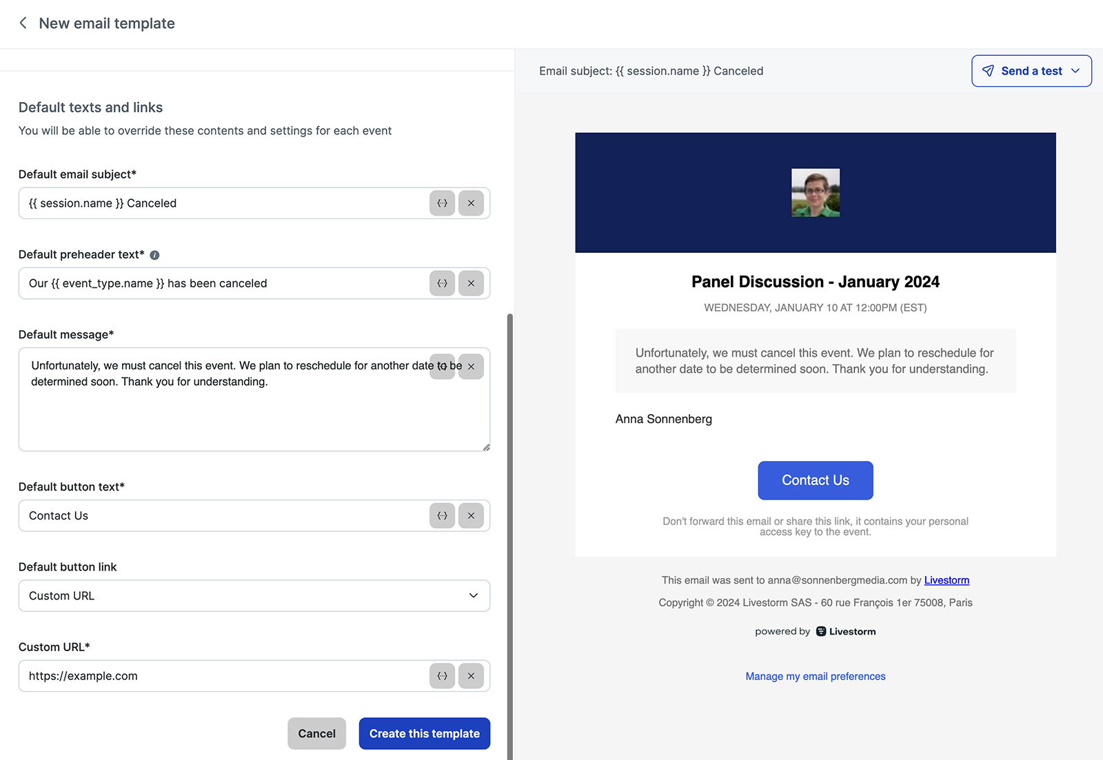 event canceled email template in Livestorm