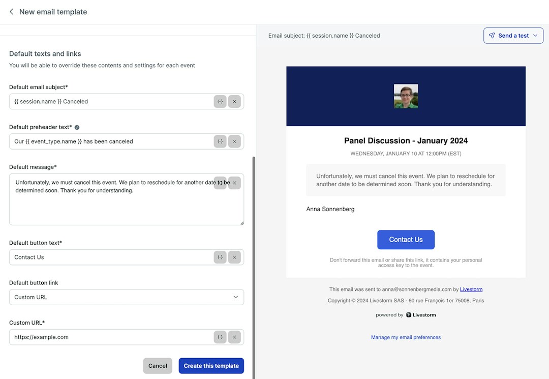 event canceled email template in Livestorm