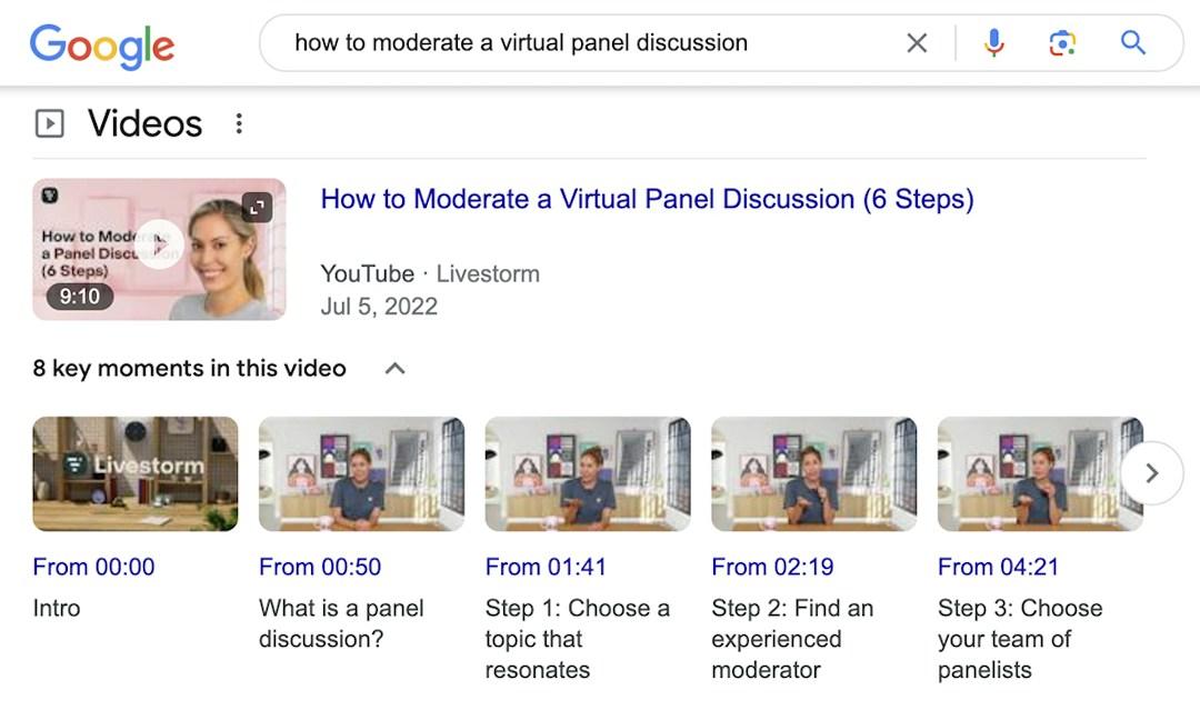 Google search results page showing Livestorm video