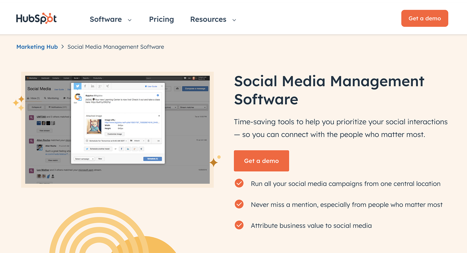HubSpot social media management software homepage