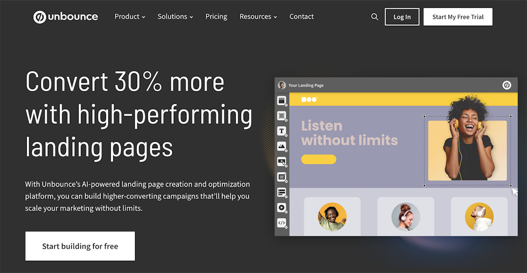 Unbounce landing page builder homepage