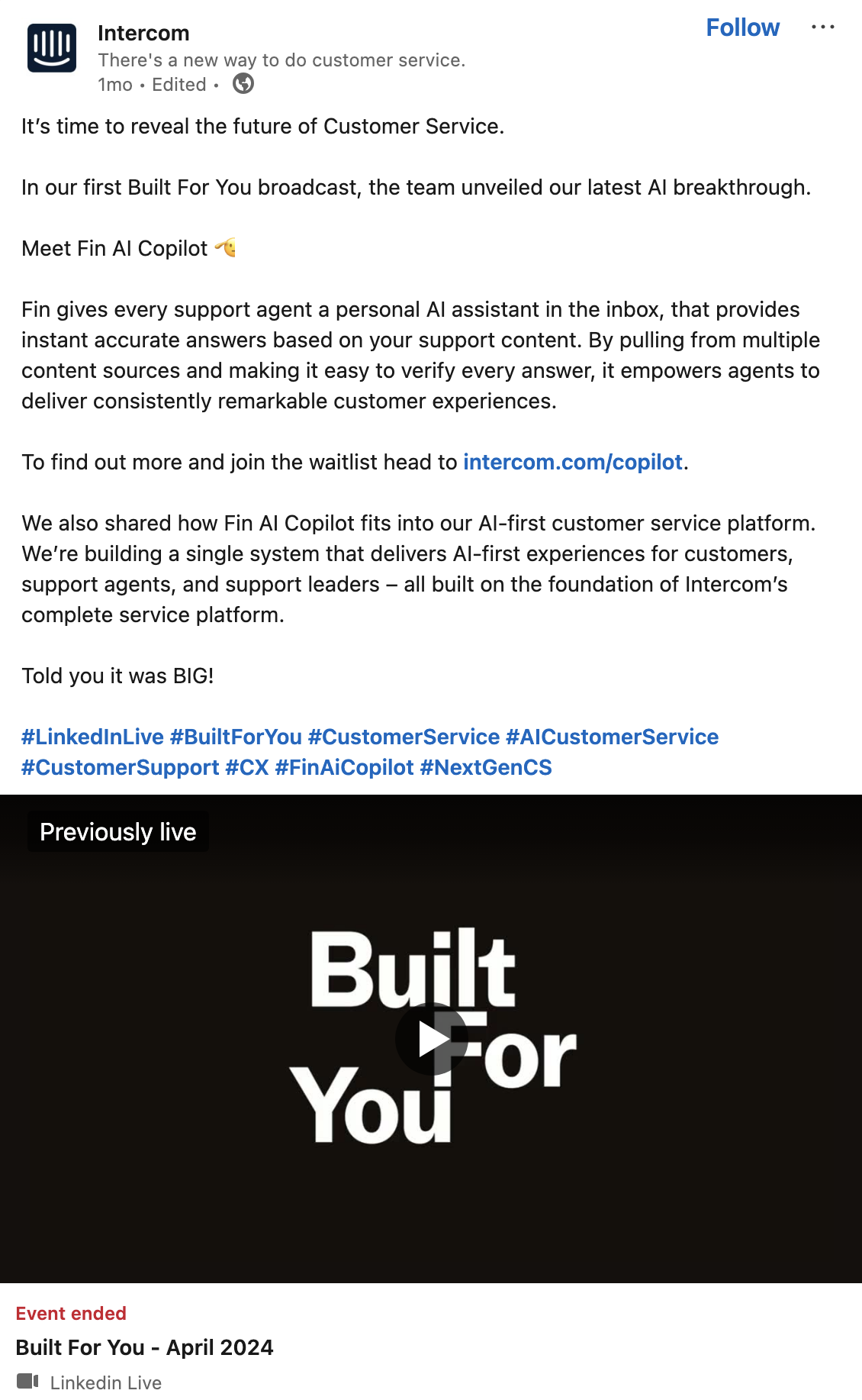Intercom LinkedIn post