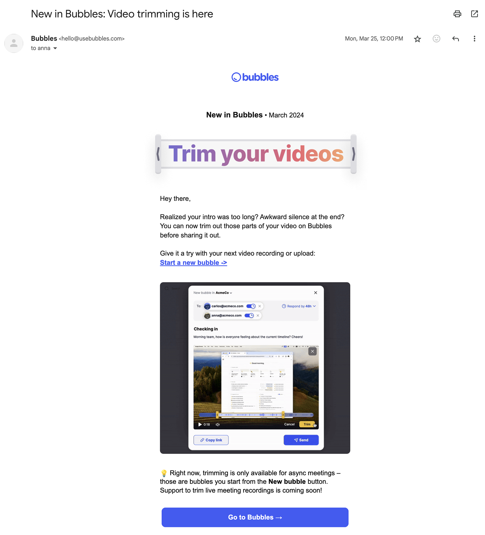 Bubbles feature release email