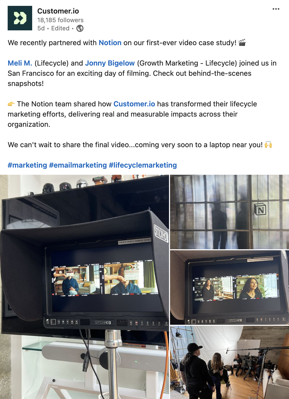 Customer.io LinkedIn post highlighting a case study