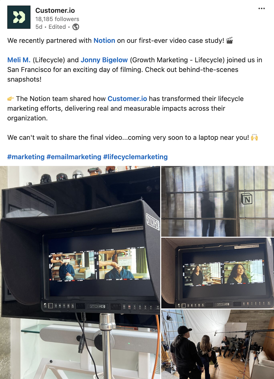 Customer.io LinkedIn post highlighting a case study