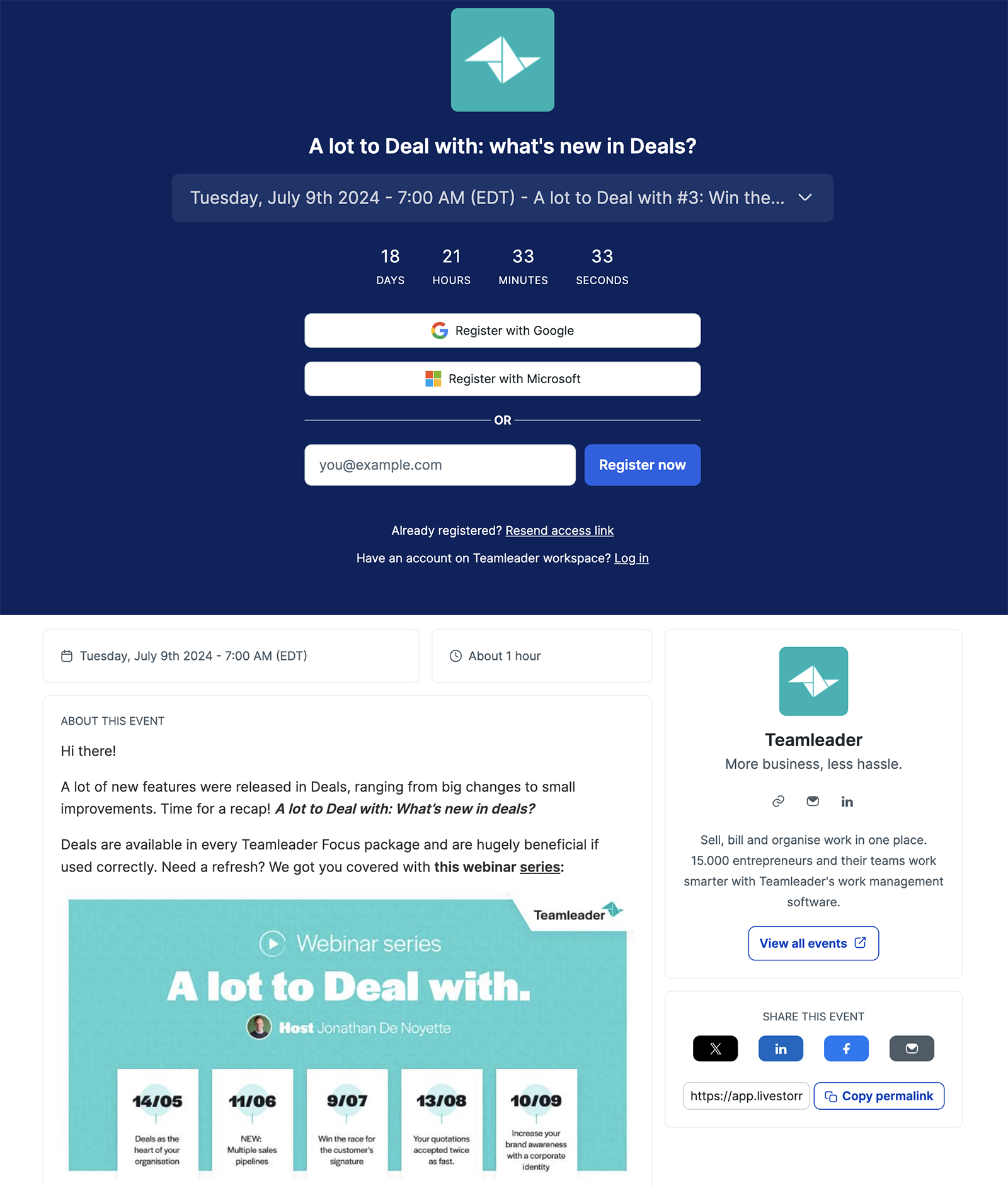 Teamleader automated webinar hosted via Livestorm