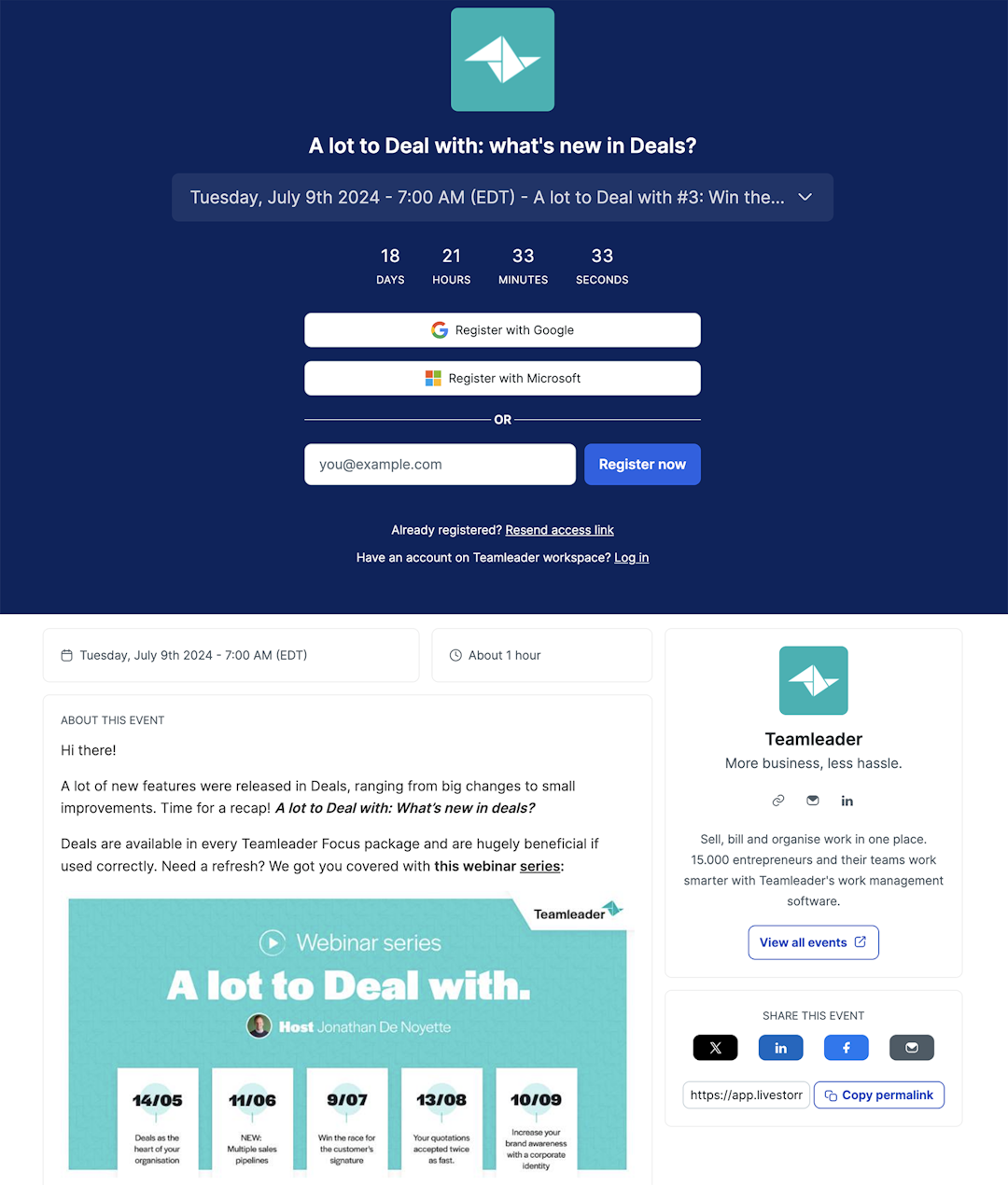 Teamleader automated webinar hosted via Livestorm