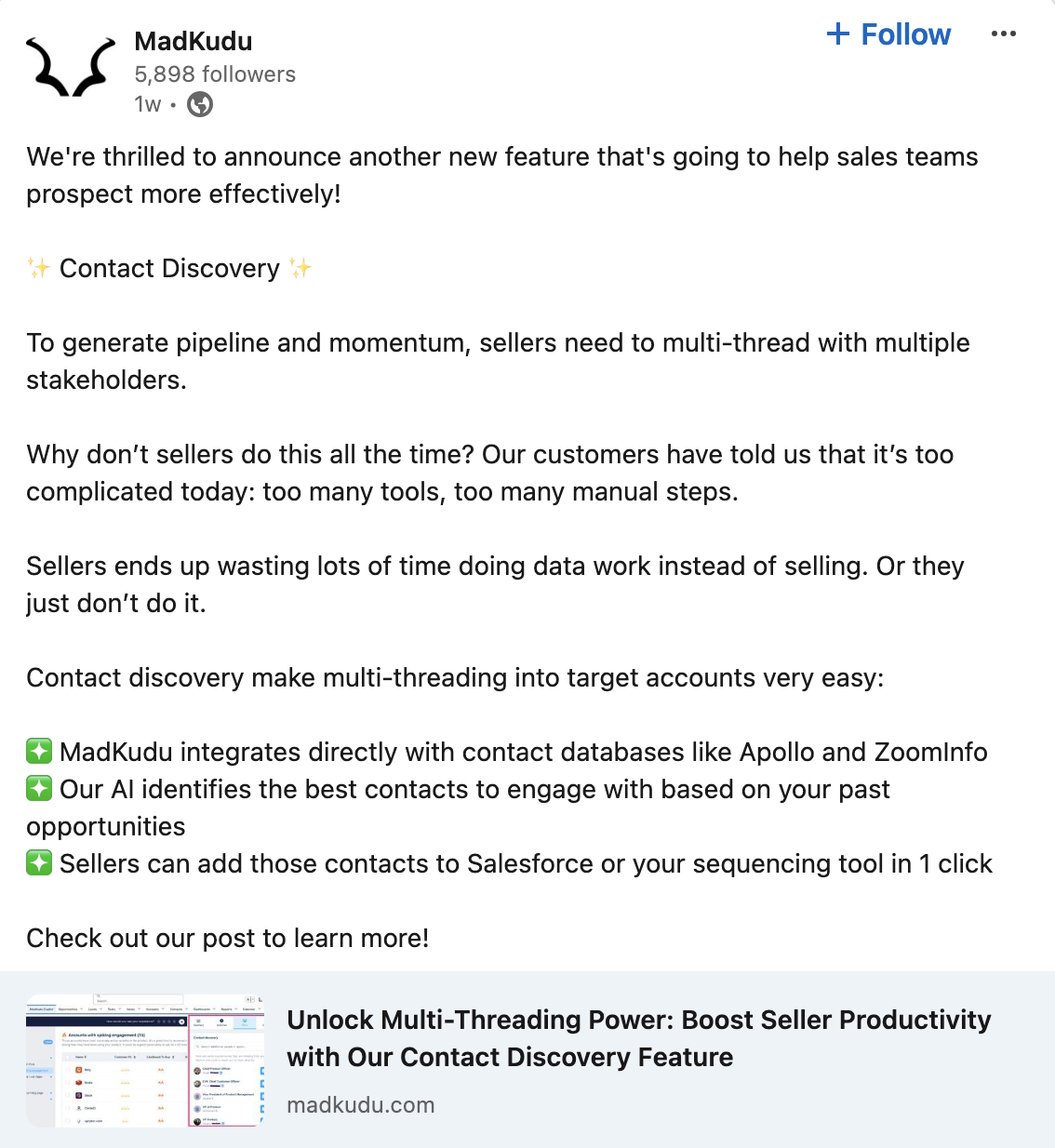 MadKudu LinkedIn post