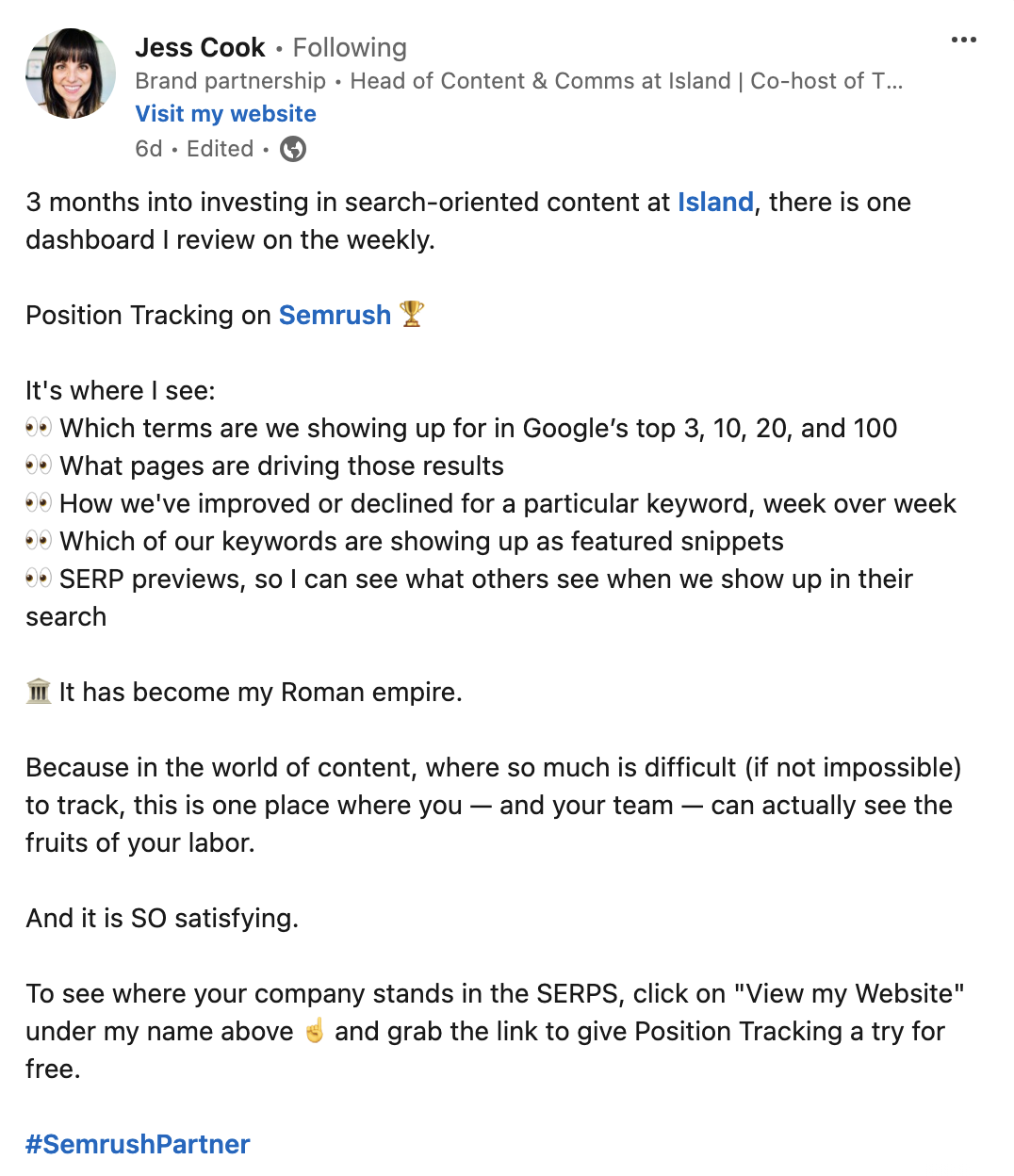 influencer LinkedIn post by Jess Cook