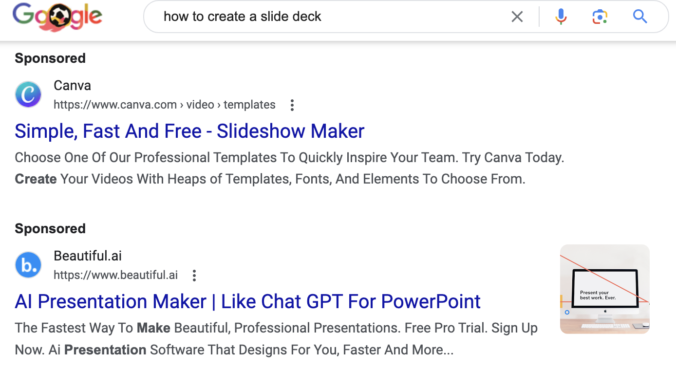 paid search results for "how to create a slide deck"