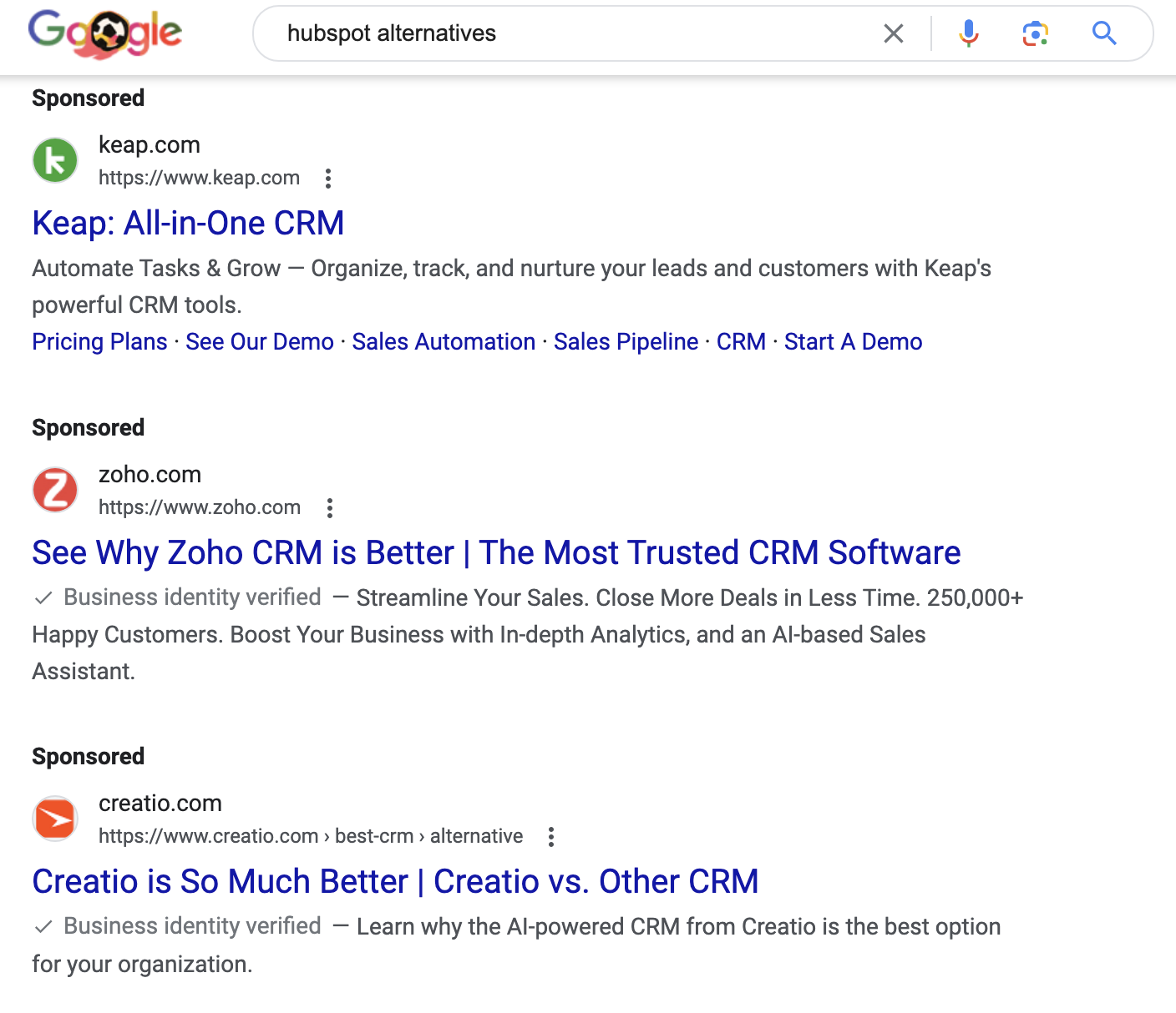 paid search results for "HubSpot alternatives"