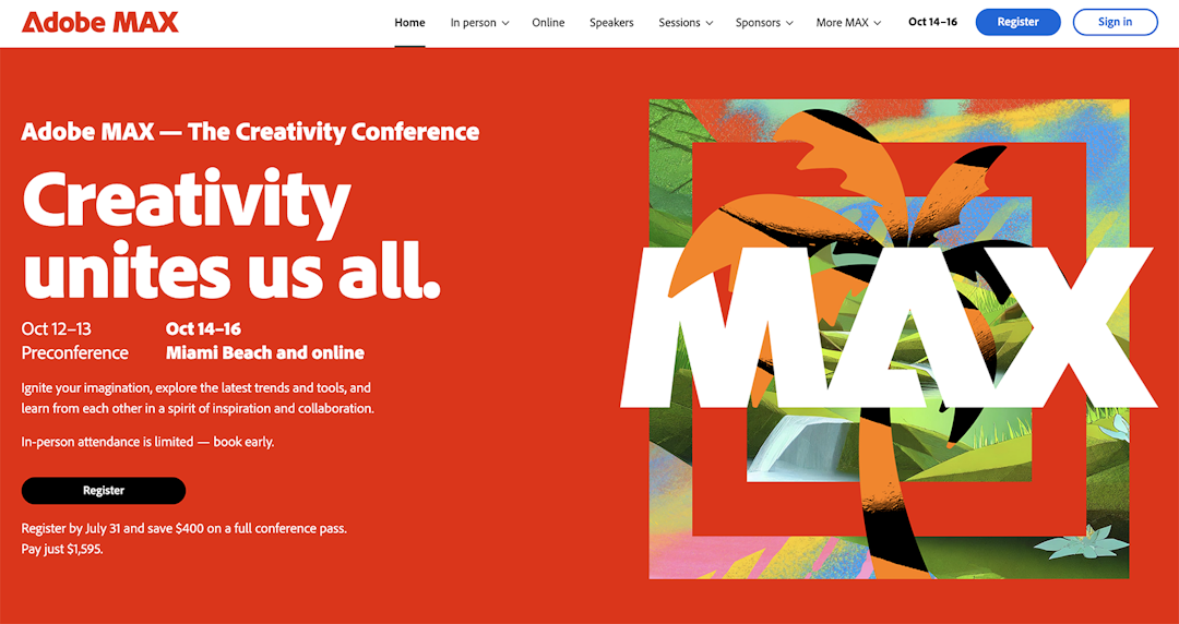 Adobe MAX conference homepage
