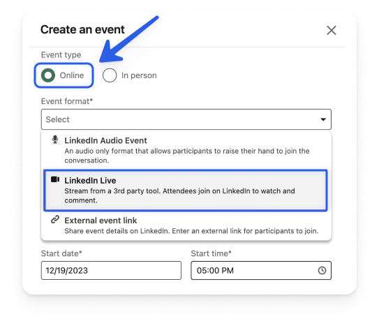 LinkedIn Create an event form with Online as the event type and LinkedIn Live as the event format
