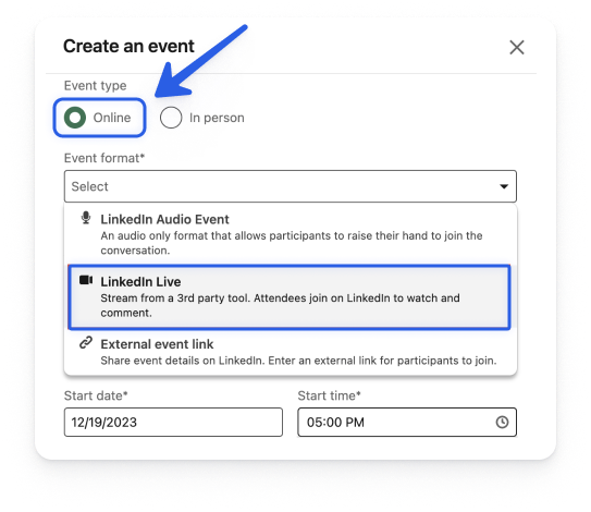 LinkedIn Create an event form with Online as the event type and LinkedIn Live as the event format