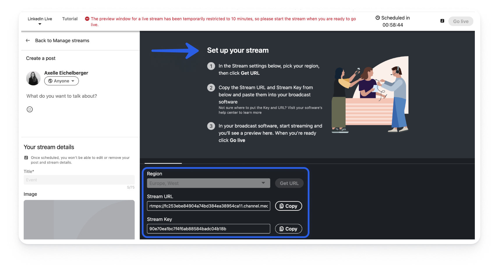 LinkedIn Live preview room showing the steps to set up the stream with the Stream URL and Stream Key