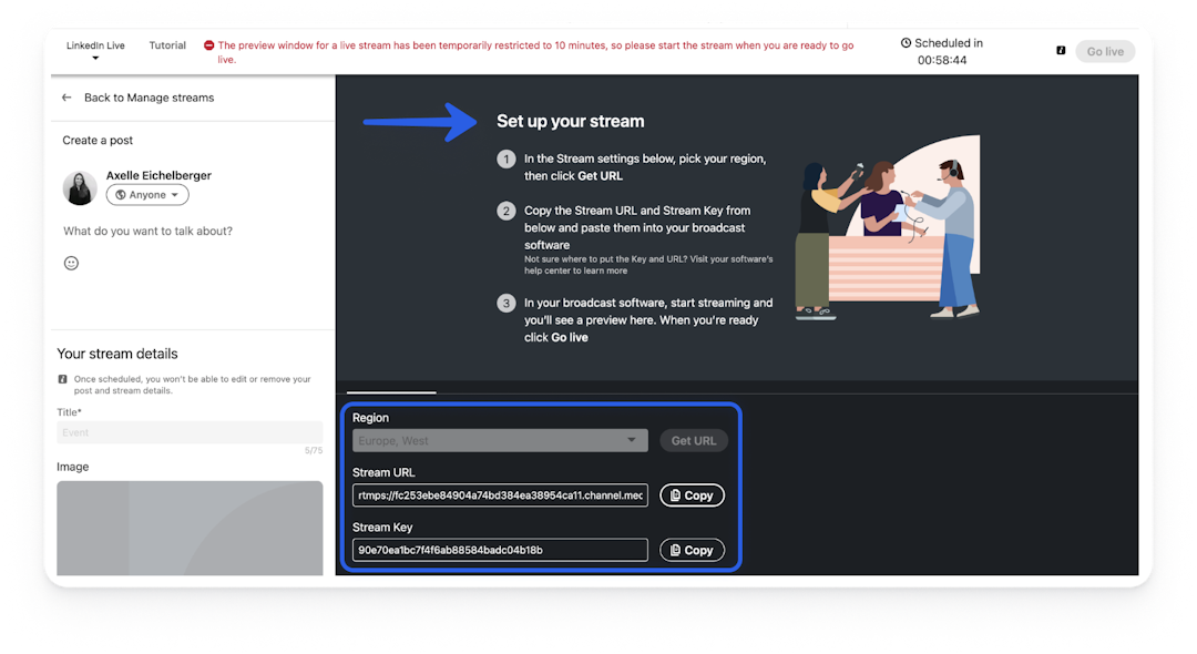 LinkedIn Live preview room showing the steps to set up the stream with the Stream URL and Stream Key