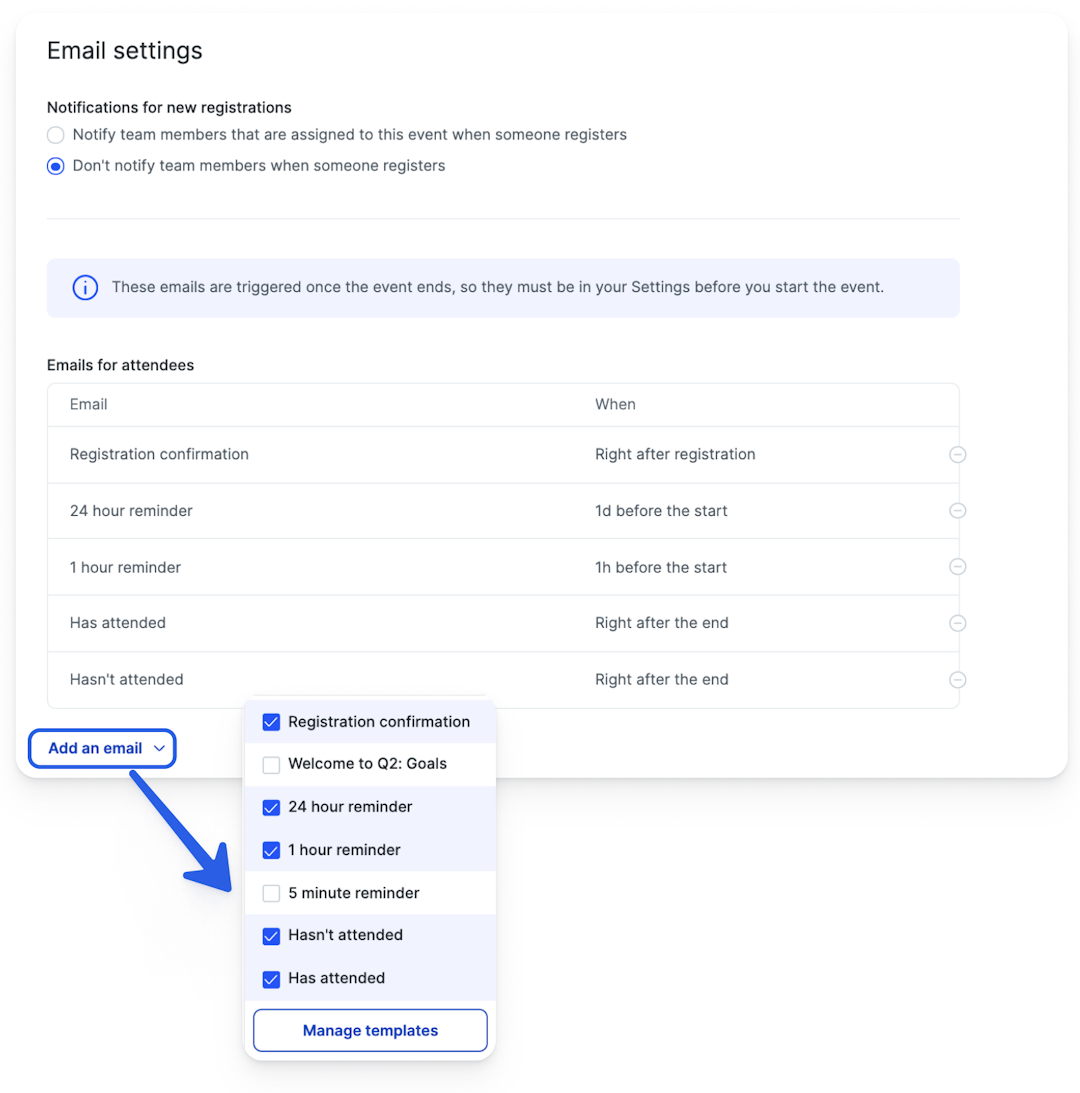 Automated confirmation emails set up in Livestorm