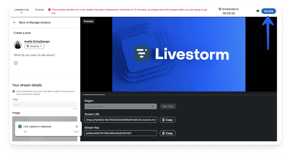 The Go Live button in the LinkedIn Live preview room