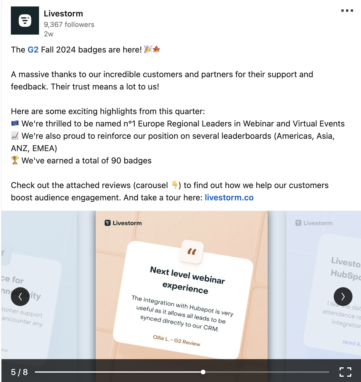 Livestorm customer quotes repurposed in a LinkedIn post