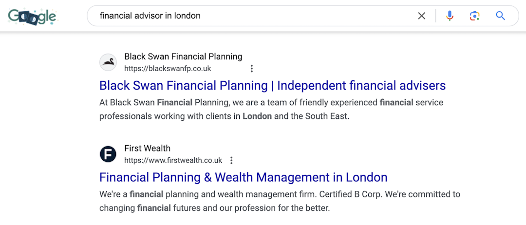 top search engine results for financial advisors in London