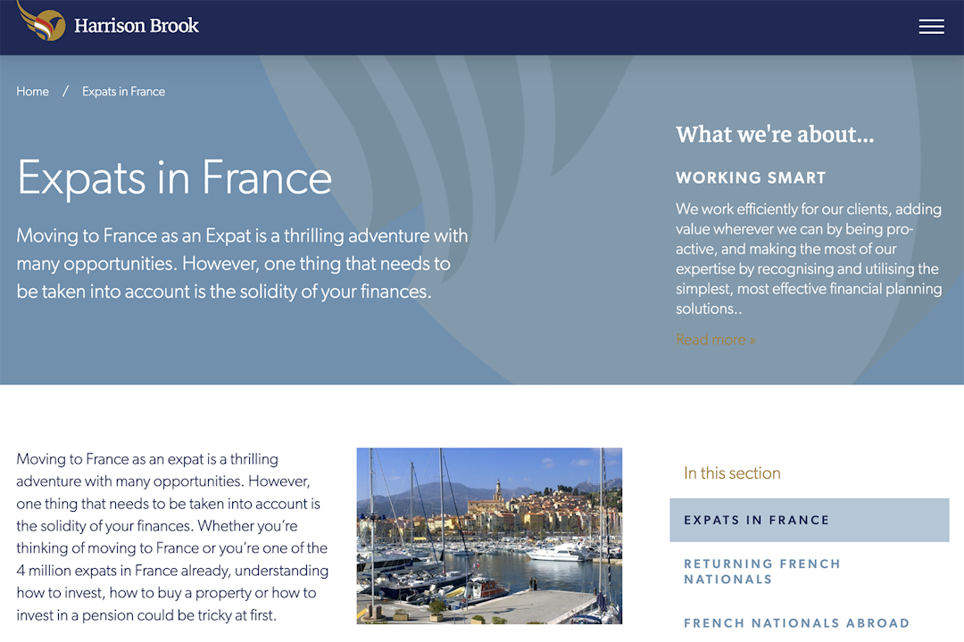 landing page by financial advisor firm Harrison Brook